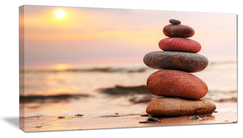 Stones Pyramid on Sand Symbolizing Zen, Landscape Canvas Art Print, 32"x16"