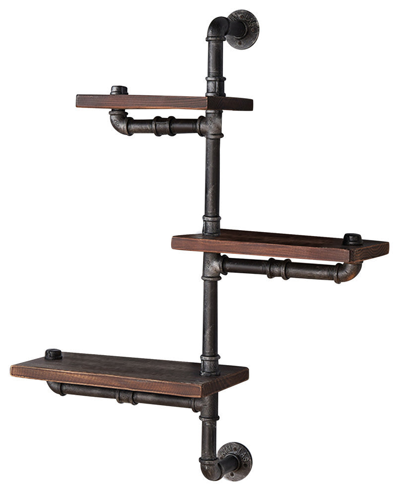 Orton Industrial Wood Floating Wall Shelf, Silver and Walnut, Bar Height