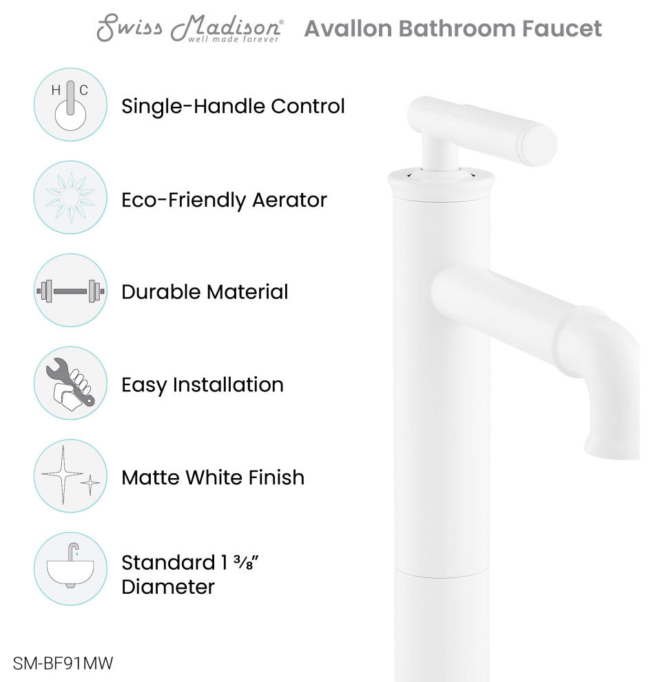 Avallon Single Hole Sleek, High Arc Bathroom Faucet, Matte White
