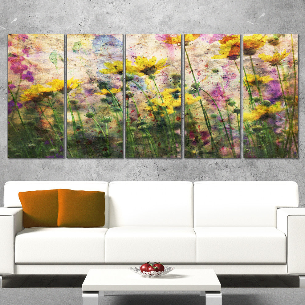 Coreopsis Flowers and Paint Splashes, Flower Art on Canvas, 60"x28", 5 Panels