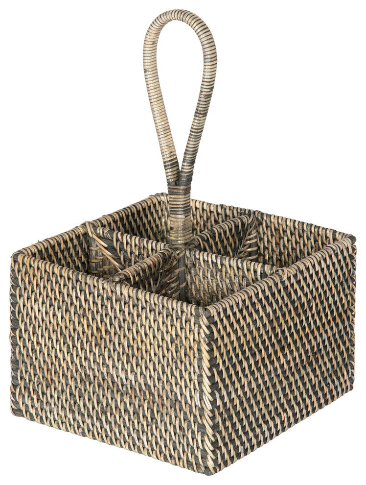Loma Rattan Bottle and Silverware Caddy, Black-Wash