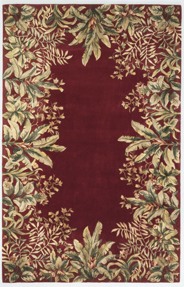 HomeRoots 3' x 6' Ruby Tropical Leaves Bordered Wool Indoor Area Rug