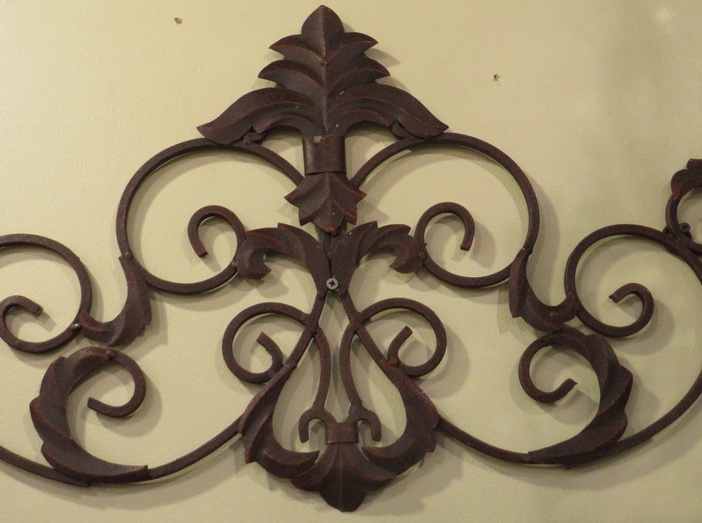 47" Iron Fleur de Lis Wall Grille Topper, Scroll Overdoor Metal Ornate