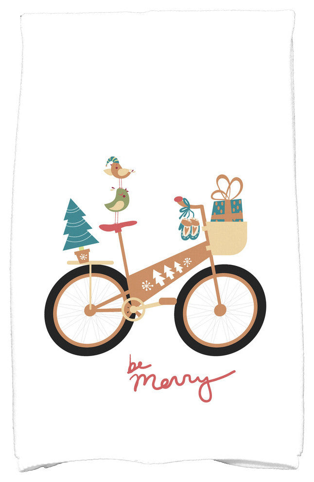 Merry Bird Bike Holiday Geometric Print Kitchen Towel, Gold