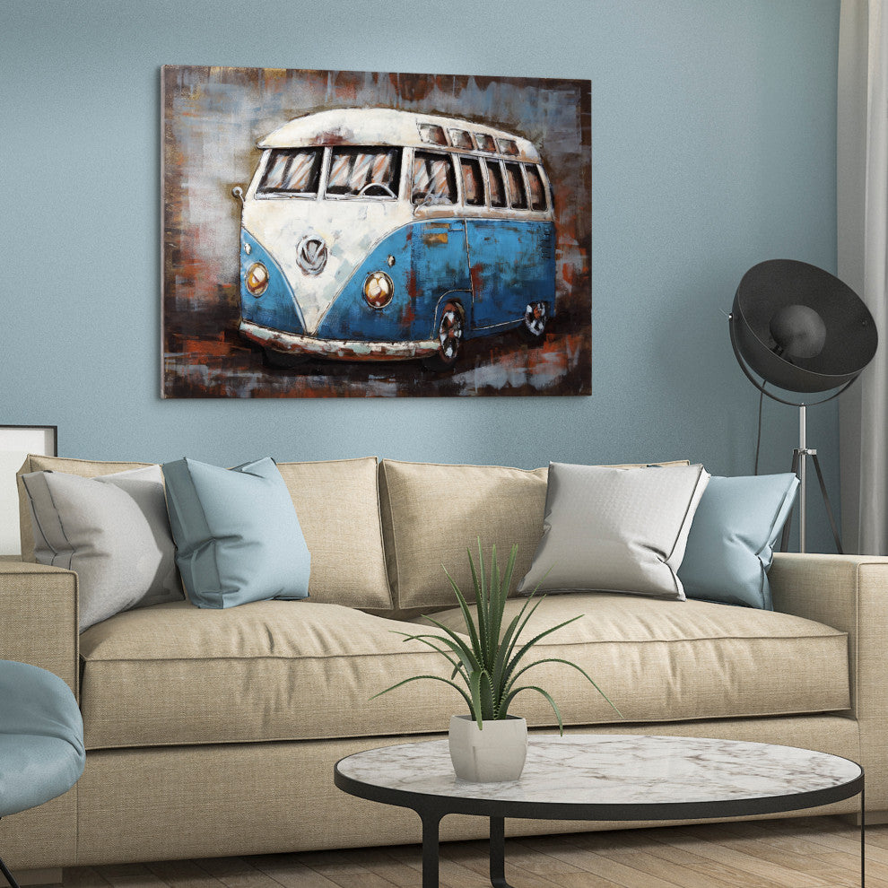 "Blue Bus" Wall Art Mixed Media Iron Hand Painted Dimensional Wall Sculpture