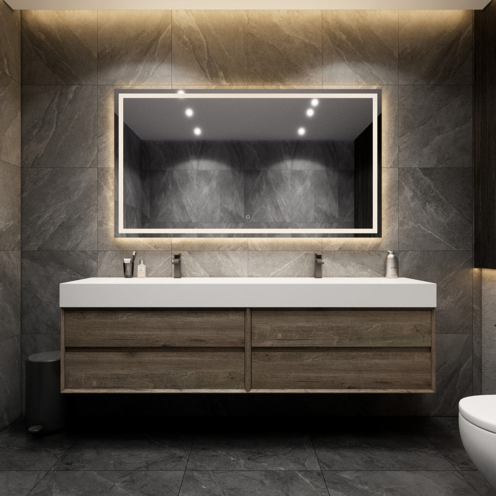 MAX 84" Double Floating Bath Vanity With Acrylic Sink, Coffee Wood, Gray Oak