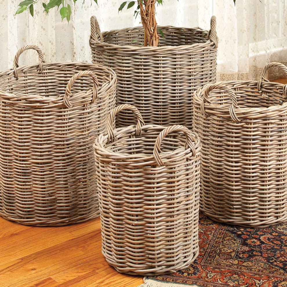 Set of 4 Large Rattan Cane Storage Baskets Round with Handles Laundry Wicker