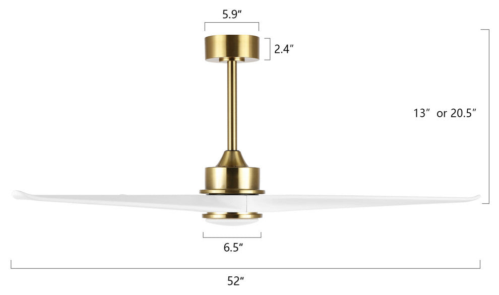 52" Solid Wood 3-Blade LED Ceiling Fan With Remote Control and Light Kit, Gold/White