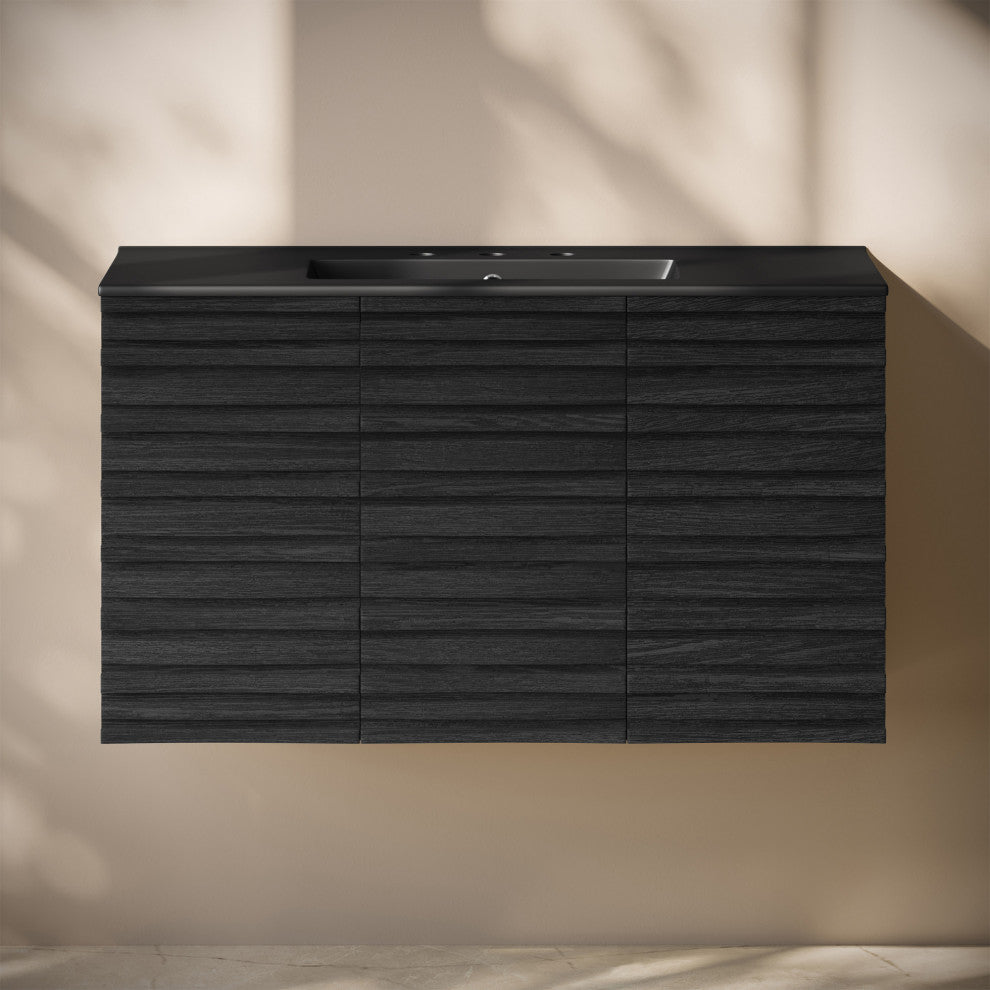 Cascade 36" Wall-Mounted Bath Vanity, Black Oak, Black Widespread Sink Top