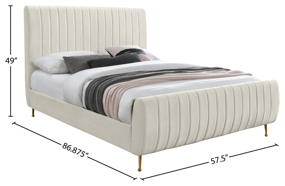 Zara Channel Tufted Velvet Upholstered Bed With Custom Gold Legs, Cream, Full