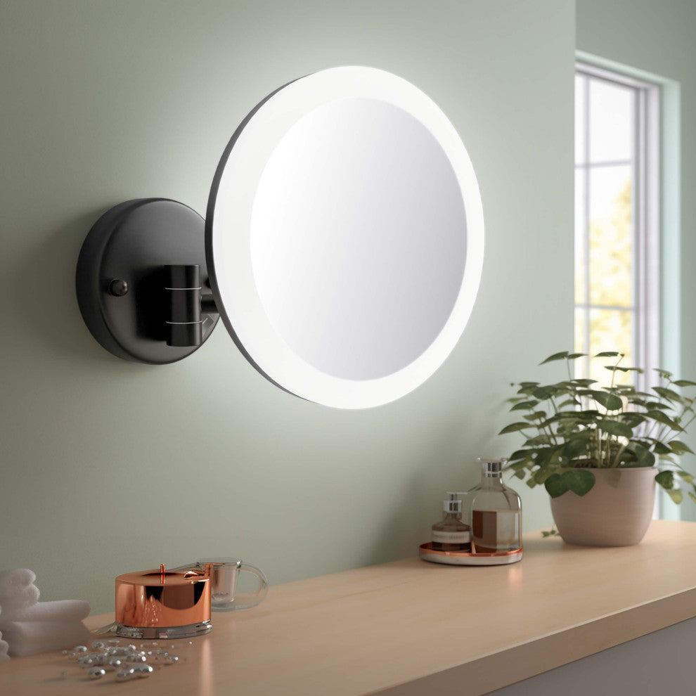 Circular LED Wall Mount One Side 5x Magnifying Make Up Mirror, Matte Black