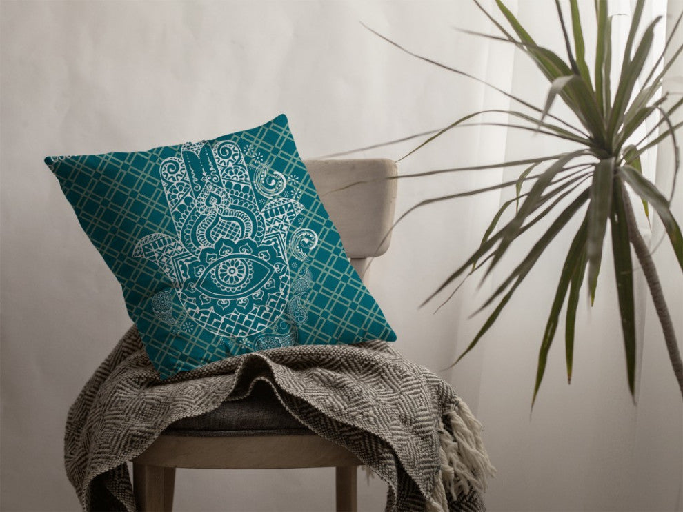 18 Teal White Hamsa Boho Suede Throw Pillow