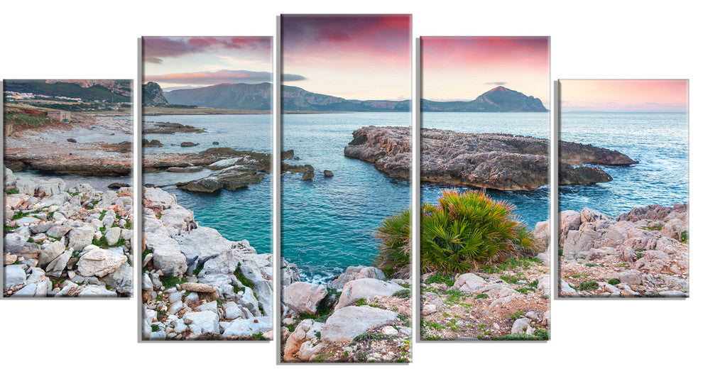 Nature Reserve Monte Cofano, Landscape Canvas Art Print, 60"x32", 5 Panels