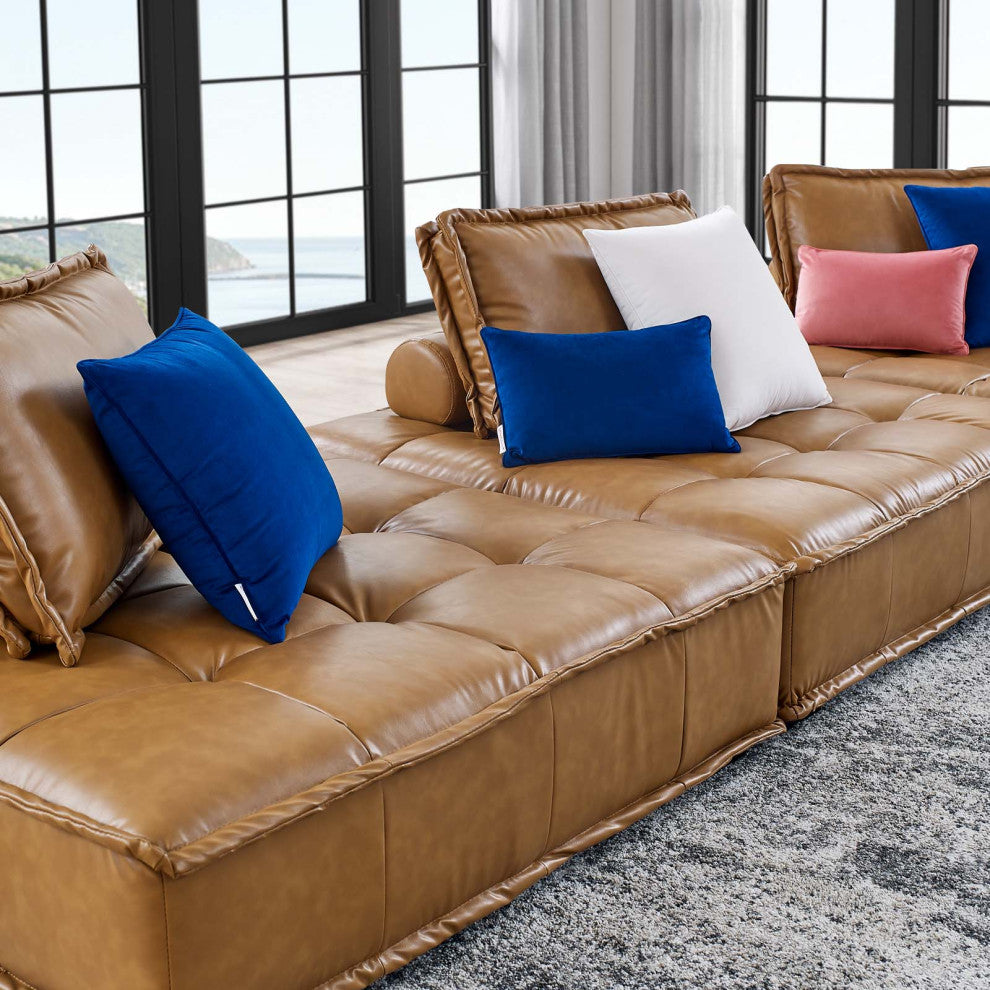 Modular Deep Tufted Sectional Sofa Set, Tan, Fabric, Modern, Lounge Hospitality