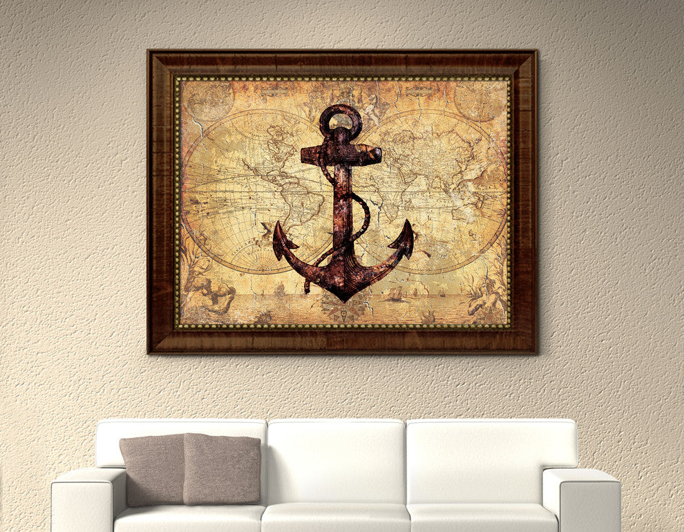 Anchor Vintage Nautical Map Print on Canvas with Picture Frame, 15" x 19"
