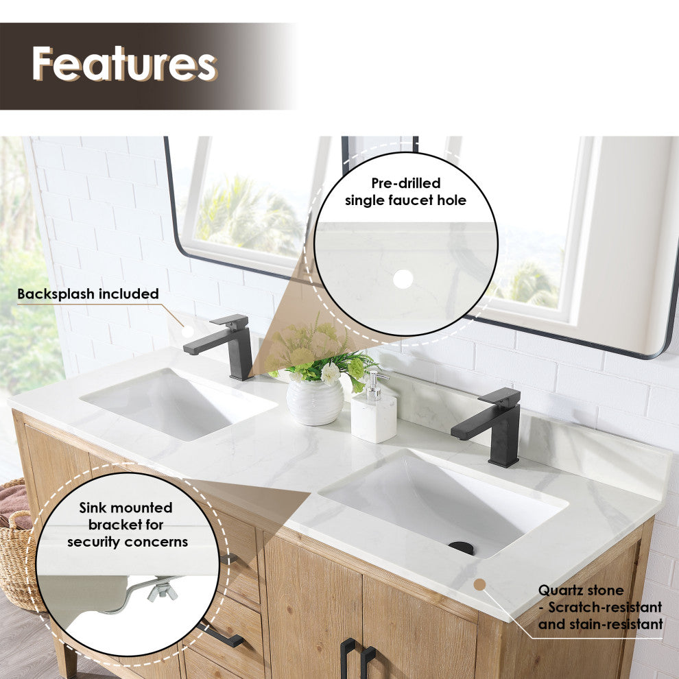 Arbios Quartz Stone Vanity Top in Calacatta White, Calacatta White, 60", Single Hole