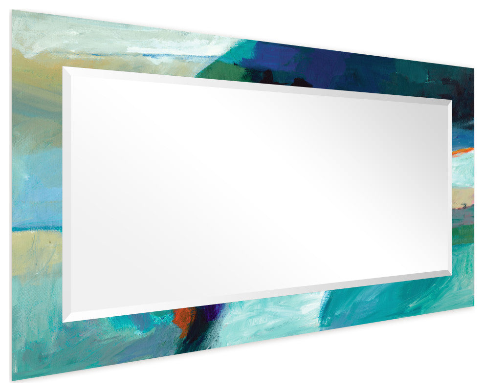 "Sky" Beveled Mirror on Printed Abstarct Tempered Art Glass, 54x28"