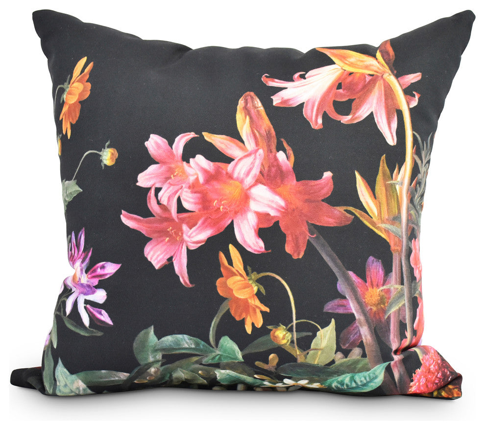 Color Me Floral Black Floral Print Decorative Outdoor Throw Pillow, 20"