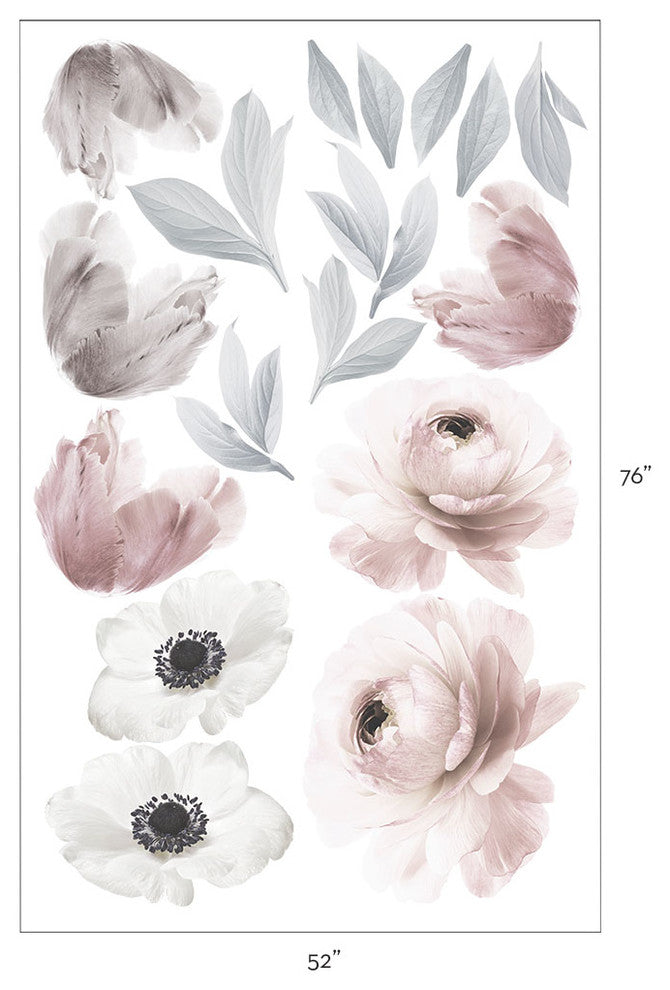 Floral Vinyl Wall Sticker, Romantic Pink Gray