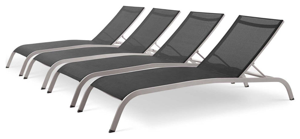 Lounge Chair Chaise, Set of 4, Aluminum, Metal, Black, Modern, Outdoor Patio