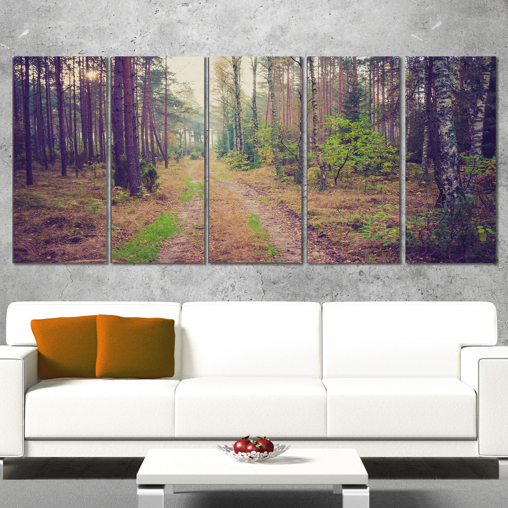 Straight Pathway in Thick Forest, Modern Forest Canvas Art, 60"x28", 5 Panels