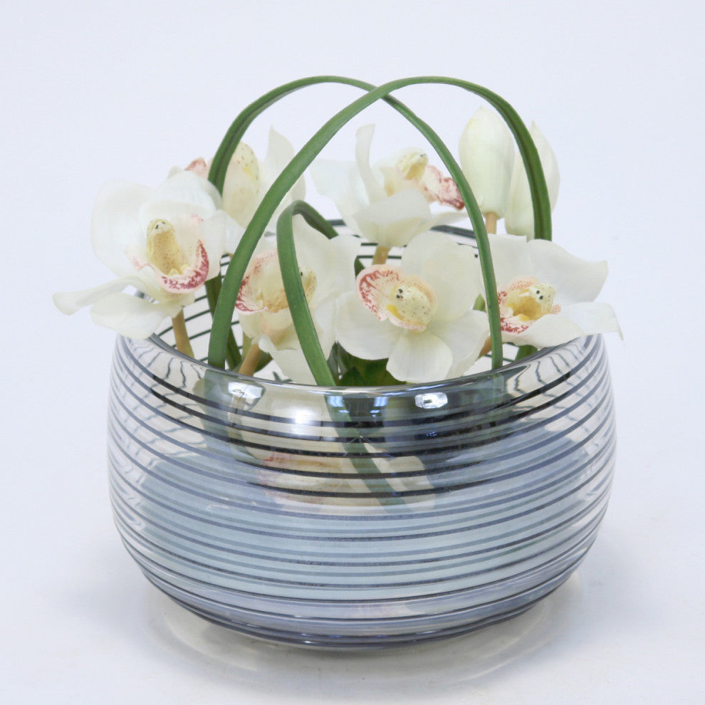Orchids in Black Ring Glass Bowl