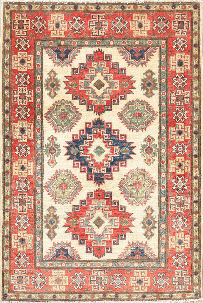 Kazak Oriental Traditional Hand Made Area Rug Pakistani, Beige, 4'9"x3'4
