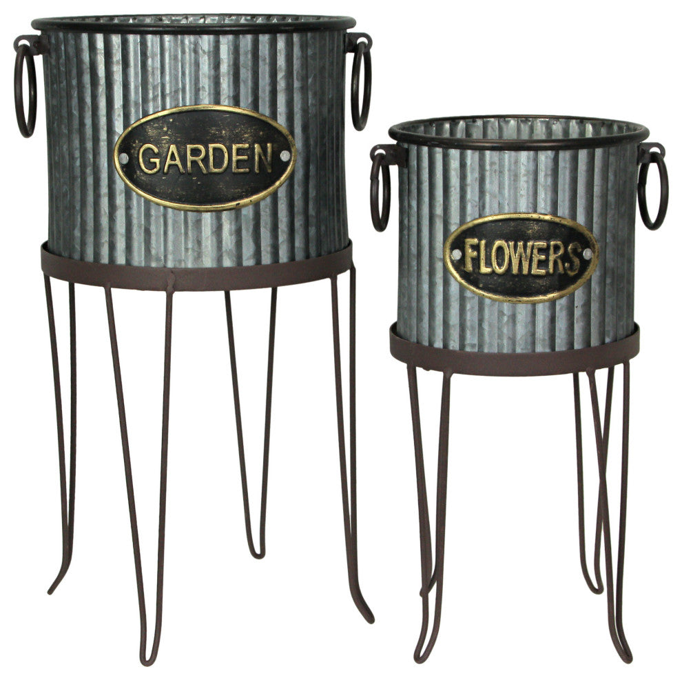Set of 2 Rustic Galvanized Metal Round Flower Pot Garden Planters With Stands