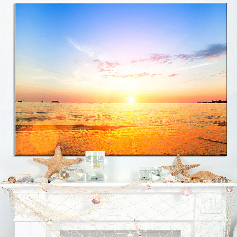 "Beautiful Sunset Over Yellow Waters" Modern Beach Canvas Art Print, 32"x16"