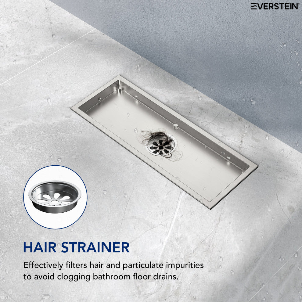 Linear Shower Drain with Hair Strainer and Reversible Tile Insert Cover, Brushed Nickel