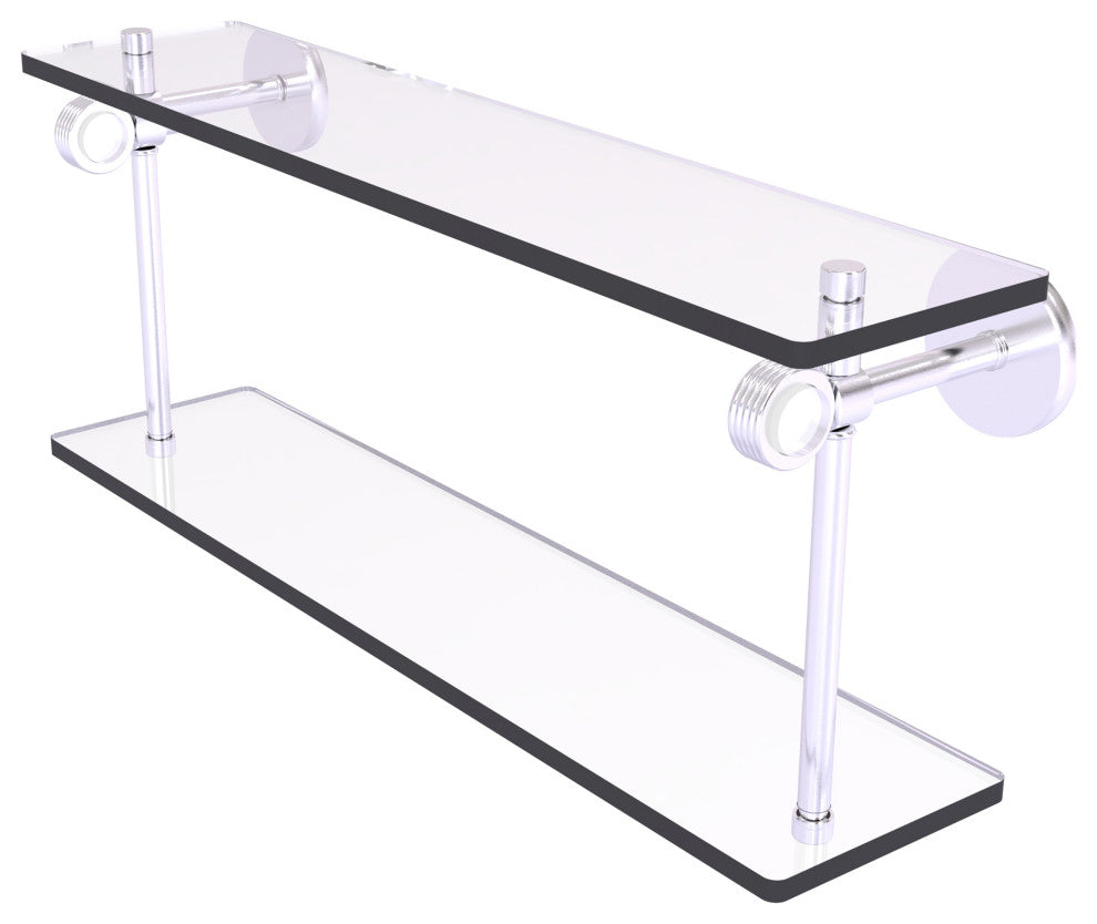 Clearview 22" Two Tiered Glass Shelf with Groovy Accents, Satin Chrome