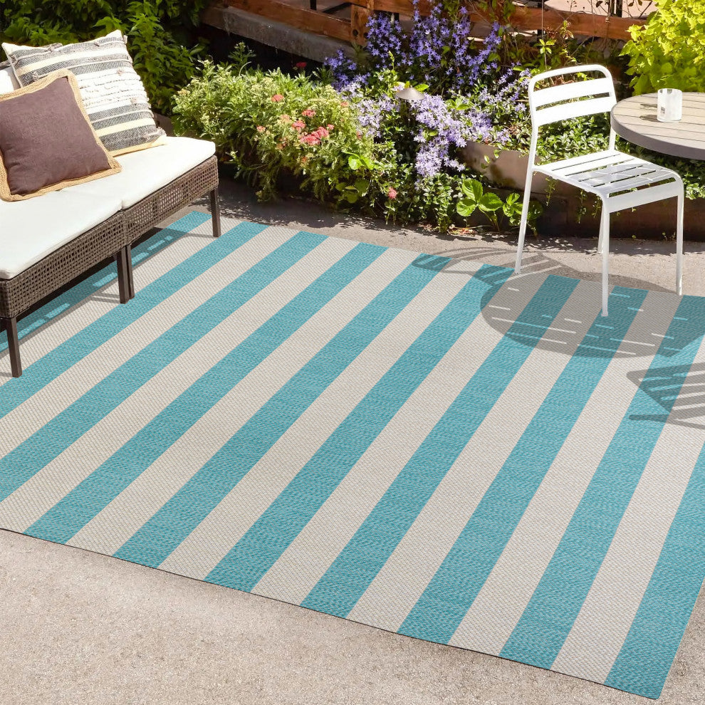 Negril Two-Tone Wide Stripe Indoor/Outdoor Area Rug, Aqua/Cream, 8x10