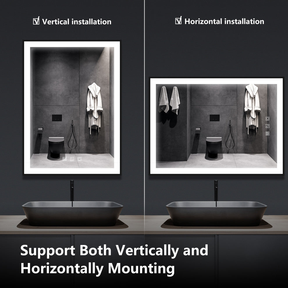 Kiva-Rhyme Black Framed LED Vanity Wall Mounted Mirror, 24x32", 3 Buttons, 40"x32