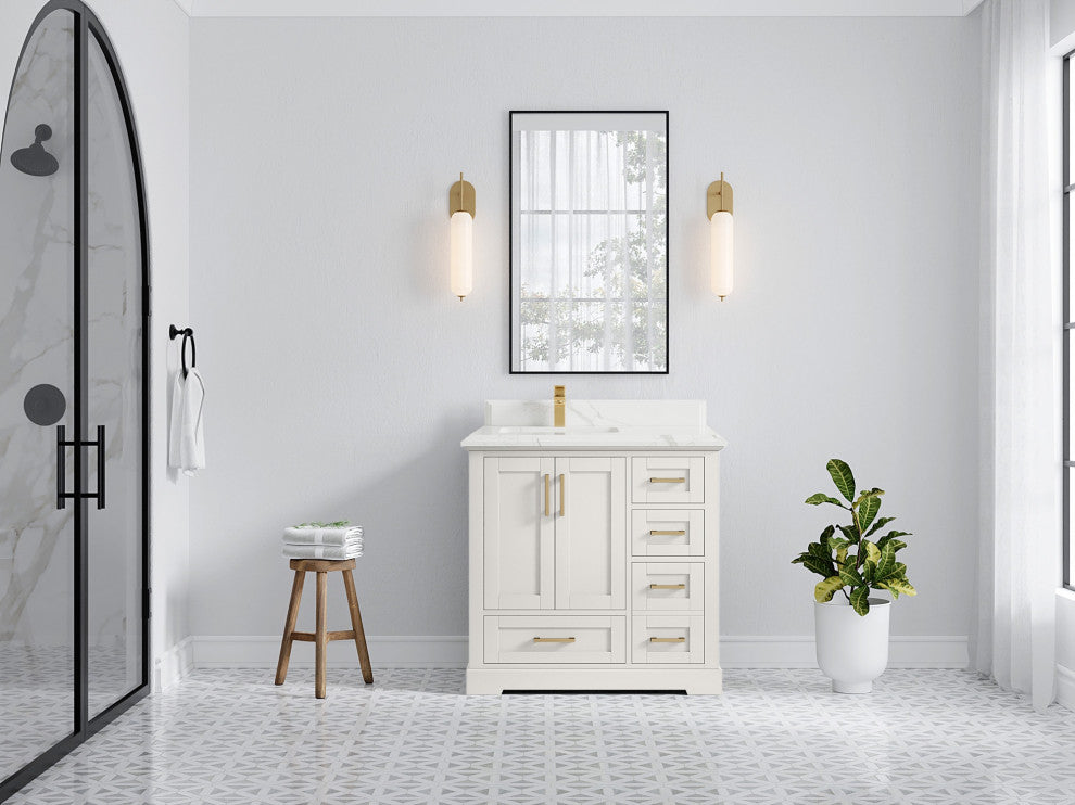 Boston 36" Left Offset Bath Vanity in Alabaster 1.5" Calacatta Laza