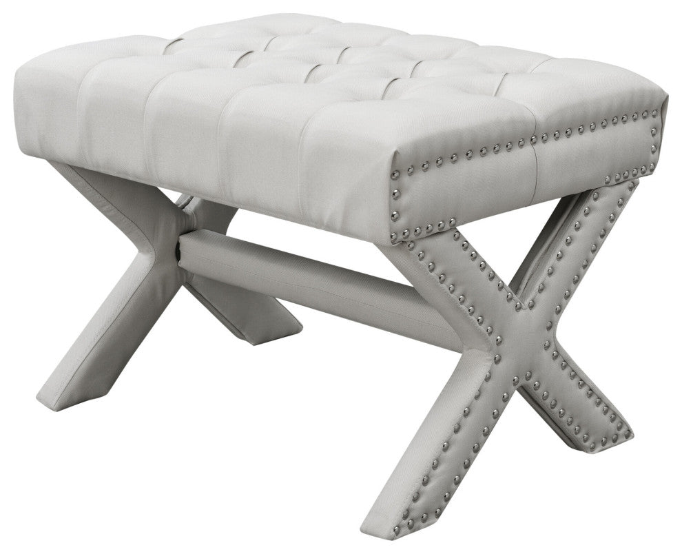 Paola Linen Button Tufted Silver Nailhead Trim X-Leg Ottoman, Cream White