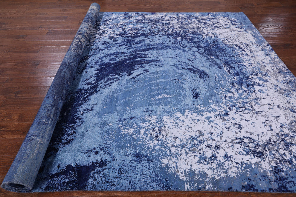 7' 9" X 10' 3" Modern Ocean Design Hand-Knotted Wool and Silk Rug Q7130