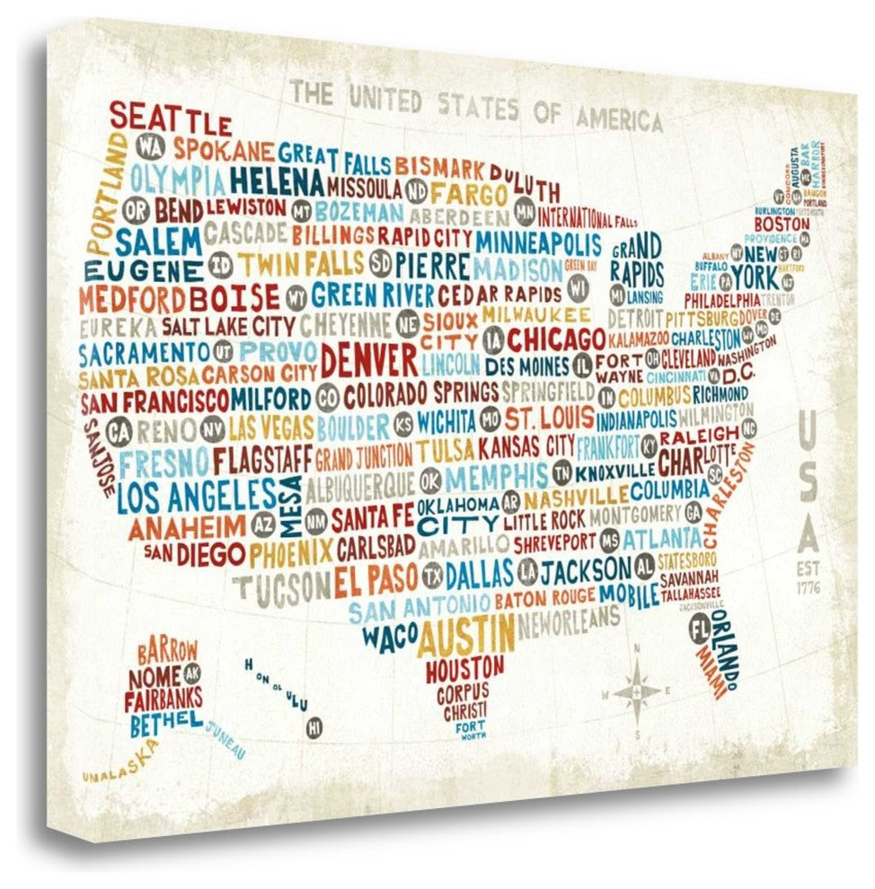 "Us City Map" By Michael Mullan, Giclee Print on Gallery Wrap Canvas