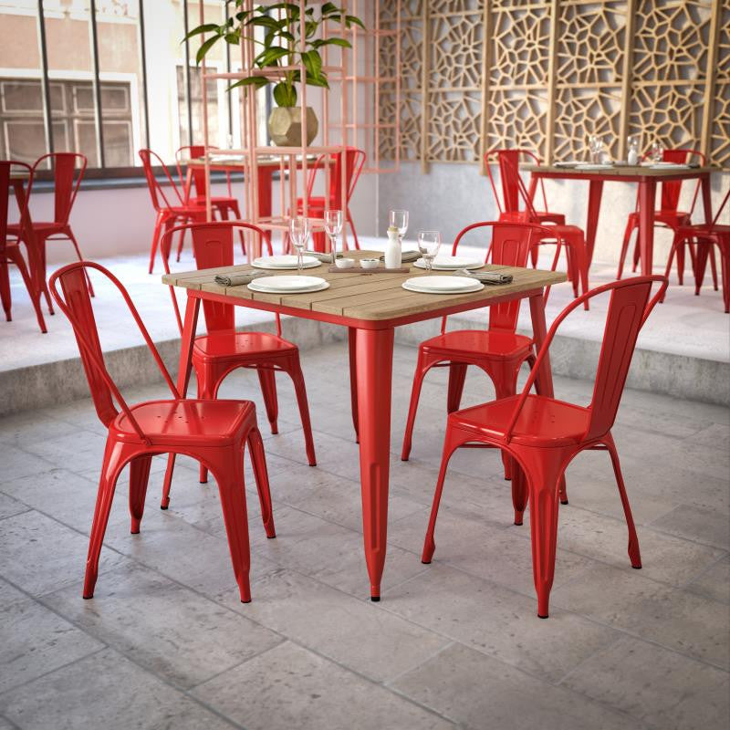 Declan Commercial Indoor/Outdoor Dining Table with Umbrella Hole, 36" Square, Brown/Red
