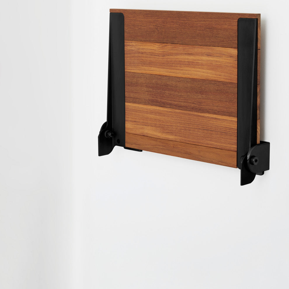 SlimLine Natural Teak Wood Folding Shower Bench Seat, Matte Black Frame