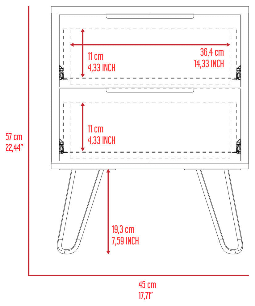 Nuvo 22-inch Tall Nightstand with 2 Drawers, and Hairpin Legs, White