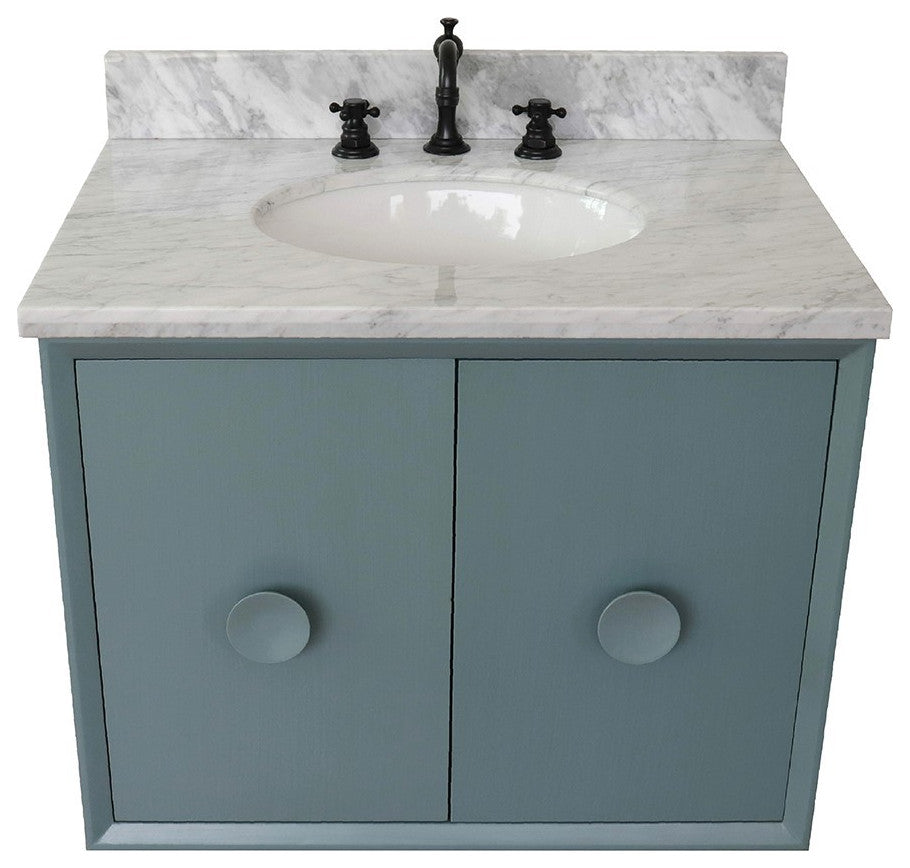 31" Single Wall Mount Vanity, Aqua Blue Finish With White Carrara Top