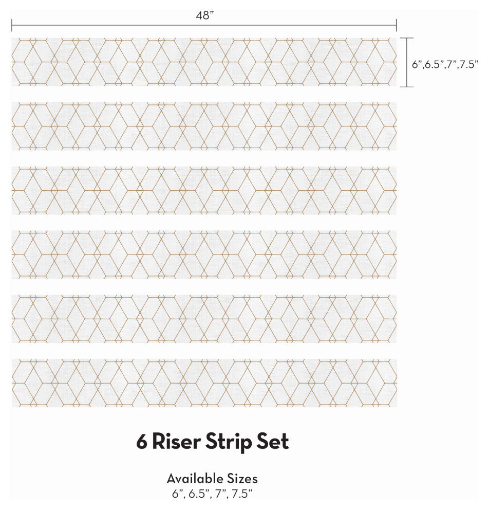 Hexagon Geometric Art Deco Lines Peel and Stick Stair Riser Strips, Off White, 48"w X 6"h, 6 Pack