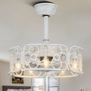 20" Distressed White Ceiling Fan, Metal Caged Fan Light w Remote