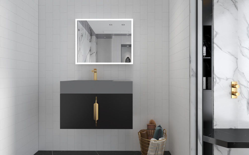 CastelloUSA Amazon 30" Left Wall Mounted Bathroom Vanity Set, Black, Gray Top, Gold Handles