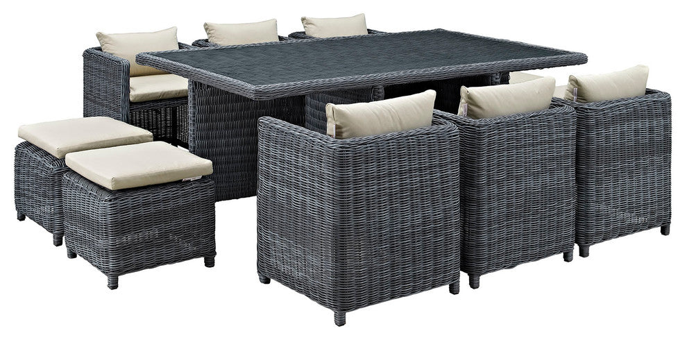 Modway Summon 11 Piece Outdoor Patio Sunbrella Dining Set, Antique Beige