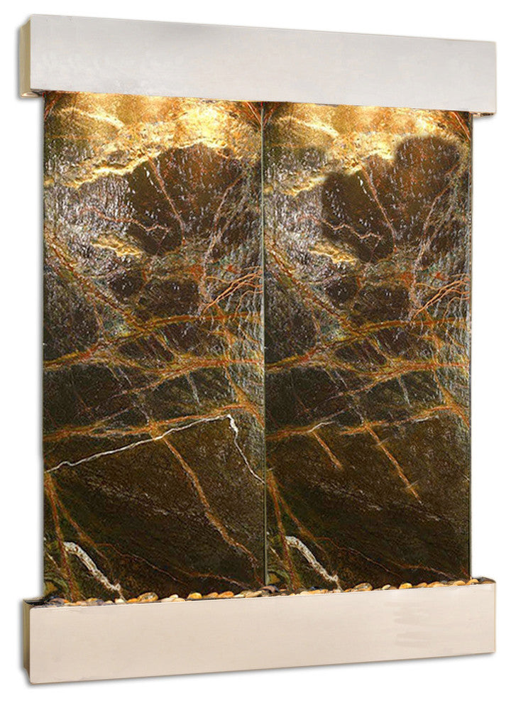 Majestic River Water Fountain, Green Marble, Stainless Steel, Square Edges