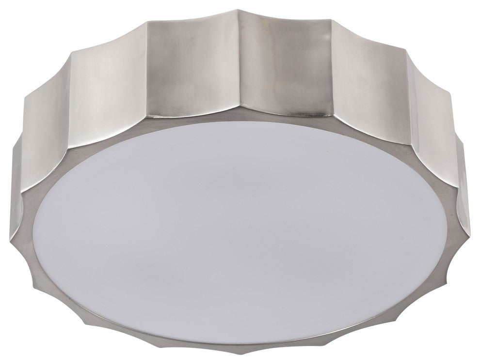Iron Wave Flushmount Light With White Frosted Acrylic Cover, Shiny Nickel