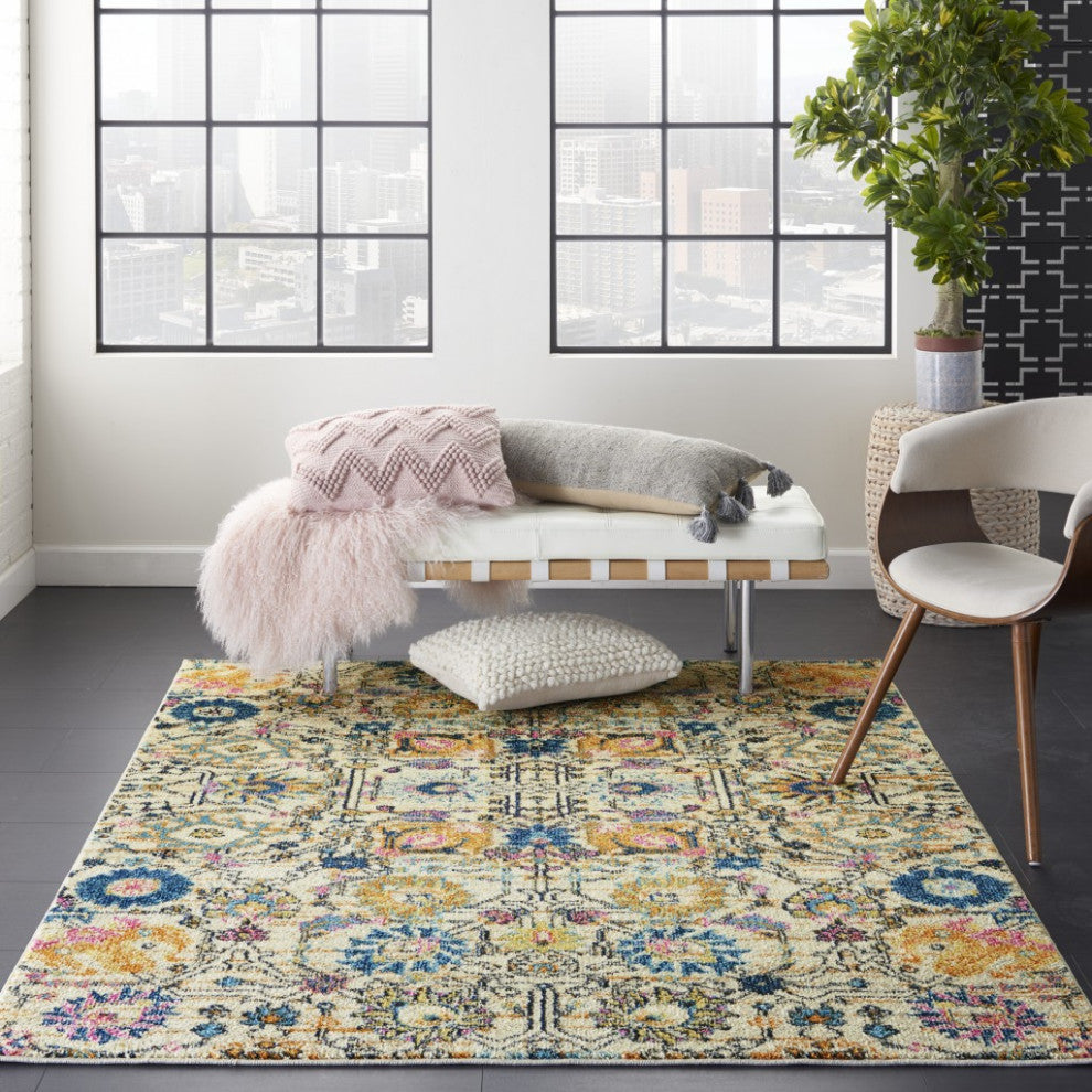 5' X 7' Orange And Ivory Floral Power Loom Area Rug