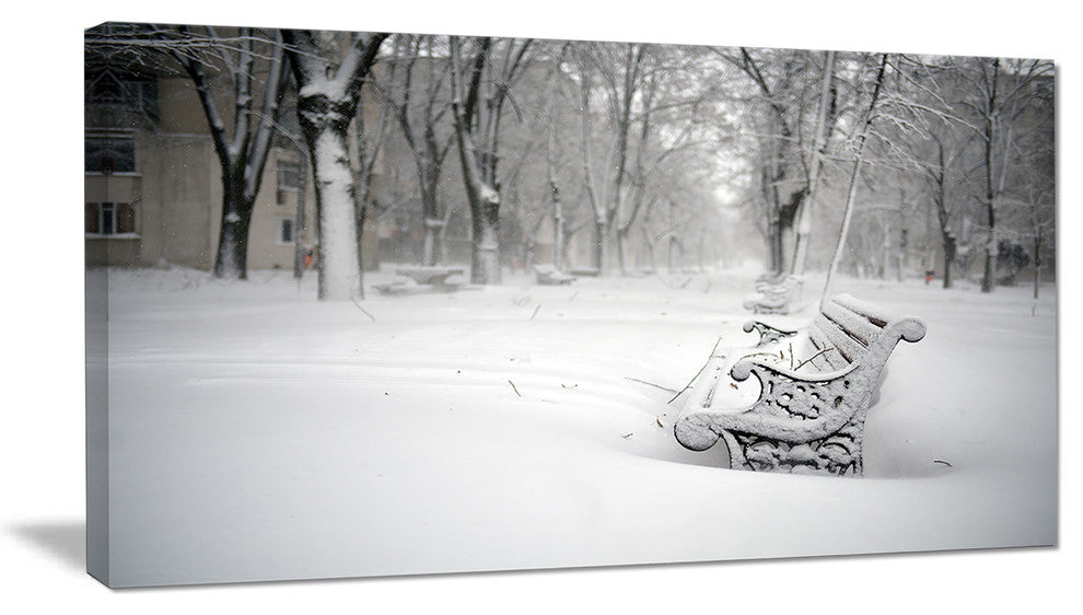 Benches in Park Covered with Snow, Landscape Canvas Art Print, 40x20