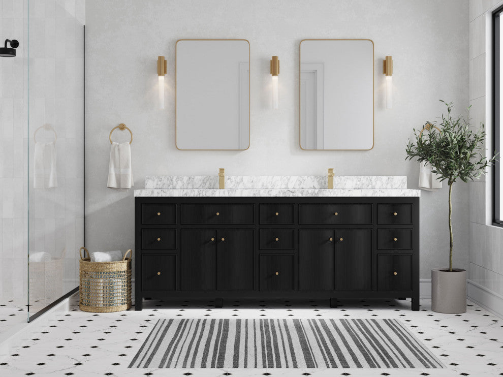 Sonoma 84 Double Sink Reeded Bath Vanity in Black 2" Carrara Marble